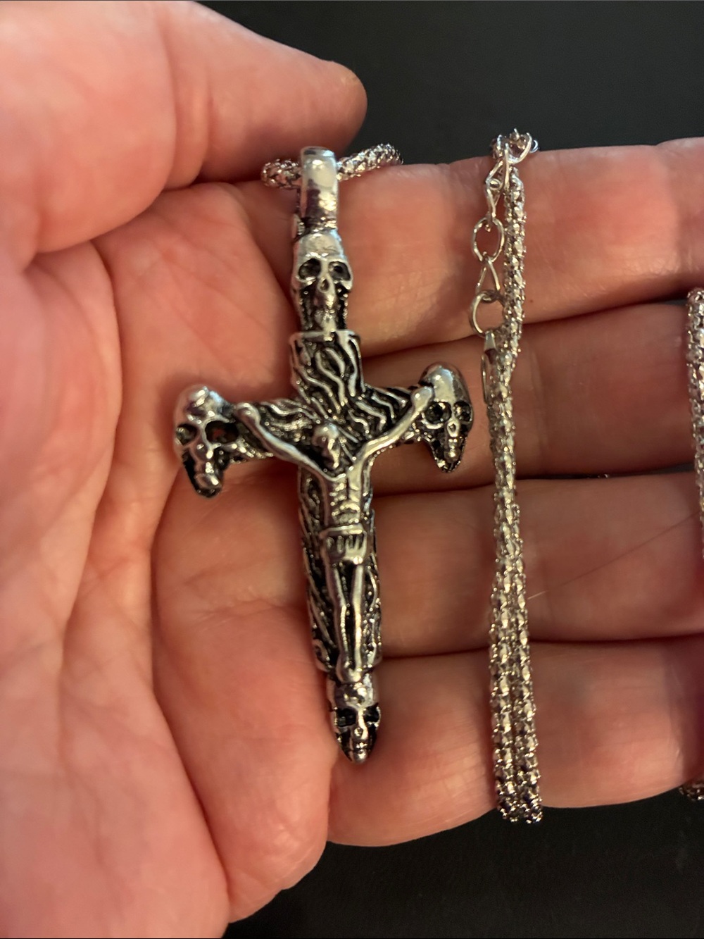 Silver Skull Cross Pendant Necklace - Men